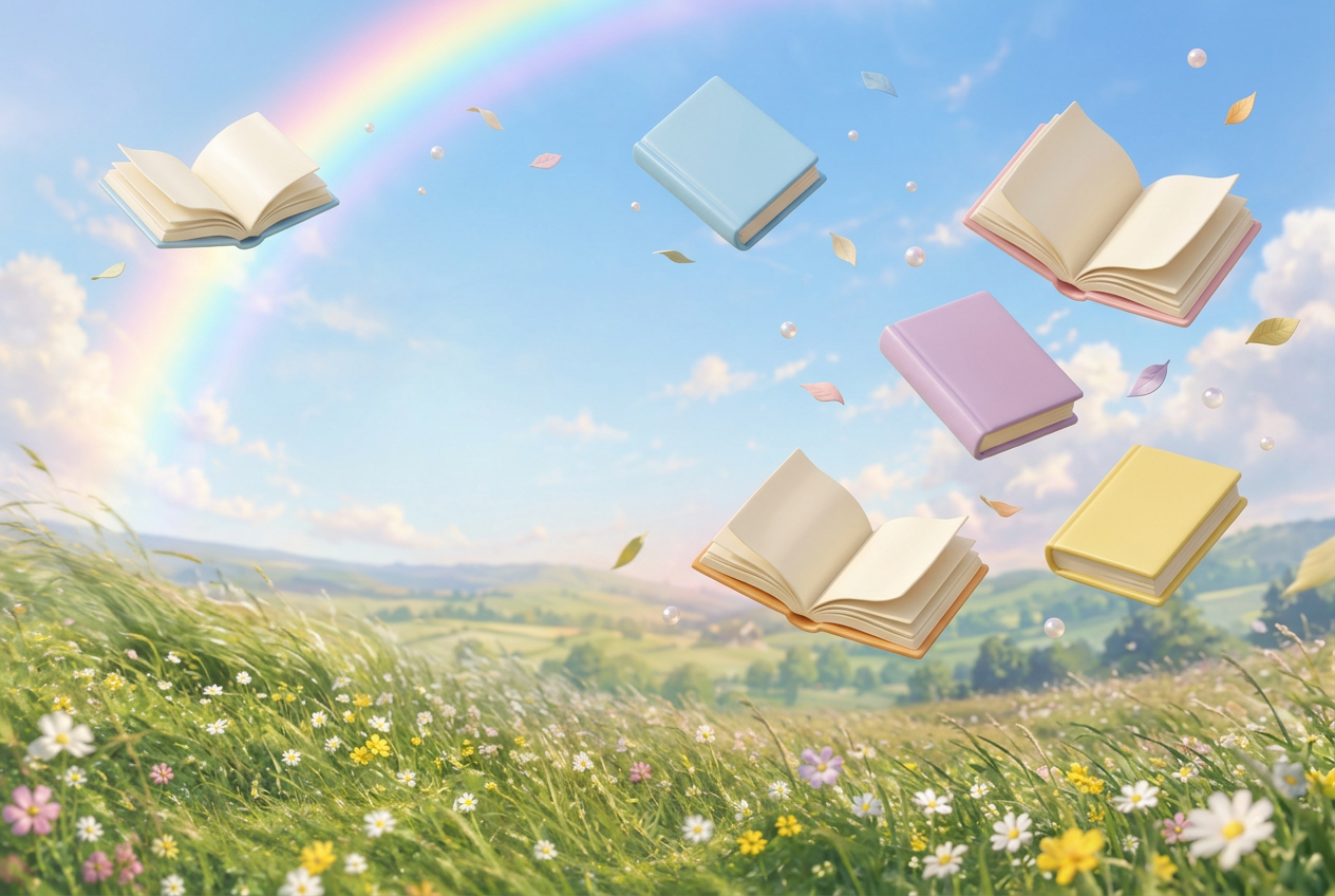 Des livres colorés s’envolent dans un ciel lumineux au-dessus d’une prairie